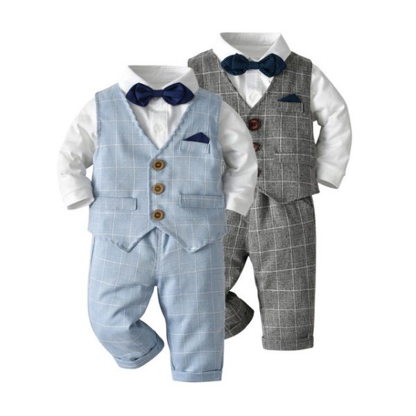 Children's clothing, gentleman, boy's three-piece long-sleeved suit, children's long-sleeved plaid suit