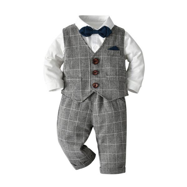 Children's clothing, gentleman, boy's three-piece long-sleeved suit, children's long-sleeved plaid suit - Image 2